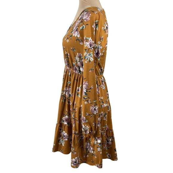 Hem & Thread Tiered Mini Dress Gold Floral S Small Long Sleeve - Picture 2 of 7